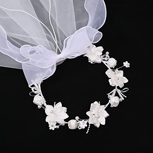 Girls First Communion Veil White Floral Crown with Pearls Headpiece for Communion Day2