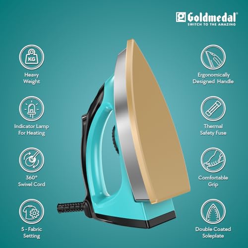 Image of Goldmedal Titan 1000W Dry Iron| Non-stick Weilburger Premium Double Coated Soleplate| 5 Fabric Setting|1.8 Meter Cord| 360 Swivel Cord| 2.5 Years Warranty| 1.5KG Heavy Weight (Turquoise Blue)