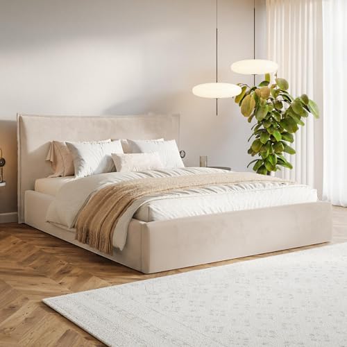 MOTIVENA Leno Bett 180x200, Polsterbett 180x200 Samt, mit Bettkasten, mit Stauraum, mit Lattenrost, mit Kopfteil, ohne Matratze, Beige (Creme) MOTIVENA Leno Bett 180x200, Polsterbett 180x200 Samt, mit Bettkasten, mit Stauraum, mit Lattenrost, mit Kopfteil, ohne Matratze, Beige (Creme)