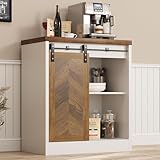 Catrimown Farmhouse Small Coffee Bar Cabinet with Storage, White Coffee Bar Table with Sliding Barn Door, Adjustable Shelves, Bar Cabinet for Kitchen, Dining Living Room, 1 Pack