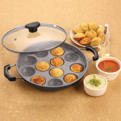 Appam Maker Cooker 4mm Heavy-Weight Non-Stick 12 Cavity Appam Pan Paddu Paniyarakkal Maker Paniyaram Patra Ponganal Baati Baking Pot with Glass Lid with1 L capacity 25 cm diameter, Silver