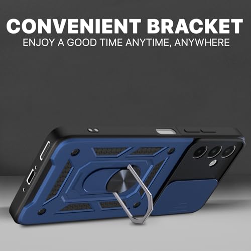 Image of Pikkme Back Cover for Samsung Galaxy A26 5G | 360 Protection Case | Sliding Camera Shield Cover & Ring Holder Stand D10 Tough Armor Bumper Case (Blue)
