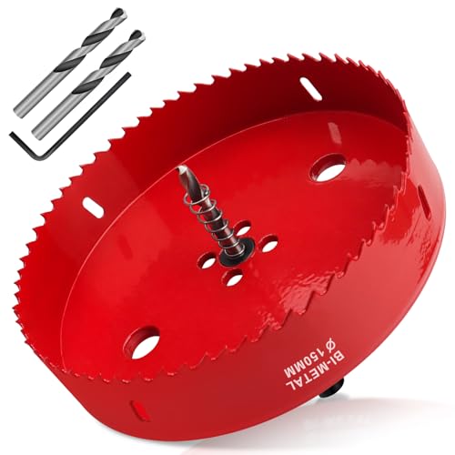 Yeepeo Sierras de Corona 150mm, M42 HSS Bi-Metal Corona Taladro con Adaptador Hexagonal y Taladro, Corona Metal para Pladur Madera Plástico, 1 pieza Rojo