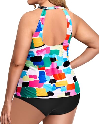 Holipick Women Color Block Tankini Swimsuits High Neck Swim Tank Tops Tummy Control Two Piece Bathing Suits Halter Swimwear M - Image 4