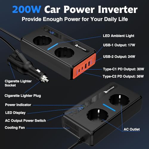 RoyPow DC to AC Wechselrichter Auto Spannungswandler 200W 12V to 230V mit 2 Steckdosen und 4 USB Ports Schnelles Aufladen KFZ Ladegerät mit Zigarettenanzünderstecker