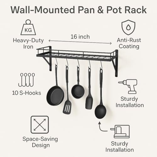Image of Wall Mounted Dish Rack Organizer for Kitchen - Iron Dish Drying Rack with 10 S-Shape Hooks, Space-Saving Black Dish Drainer, 16 x 8 x 4 Inches