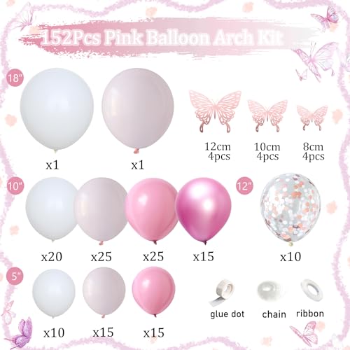Image of 152Pcs Pastel Light Pink White Metallic Pink Balloon Arch Garland Kit,Pink White Rose Gold Confetti Balloon With Butterfly Stickers for Baby In Bloom Baby Shower Decorations Birthday Wedding Decor