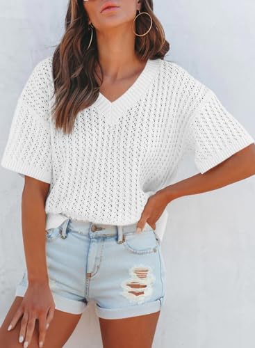 Dokotoo Womens Casual Summer Tops V Neck Short Sleeve Shirts Solid Hollow Out Lightweight Loose Fit Sweater Blouses2