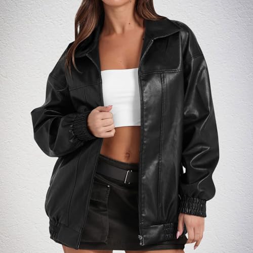 Faux Leather Jacket for Women Lapel Oversized Motorcycle Jacket Zip Up Bomber Coats Winter Fashion 2025 Fall Outfits2