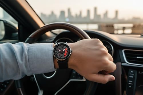 Image of Stylish Car Wheel Watch, Racing Brake Disc Design Dial, Black Slicon Magnetic Strep Band, Red Accents Dial for Boyes and Man (Flower RED)