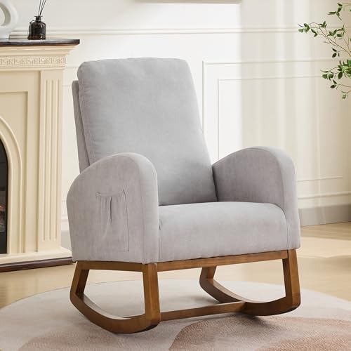 Image of Rocking Chair Nursery, Glider Rocking Accent Chair with Wood Legs, High Back Pocket Modern Upholstered Nursery Chair, Comfy Accent Rocker Armchair for Living Room Bedroom, Light Gray