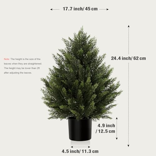 Artificial Topiary Cedar Trees 2FT Tall 2 Set, Outdoor Indoor Faux Pine Shrubs Plants, Realistic Fake Plants Front Porch Decor, Artificial Bushes Cypress for Home Front Door Offices