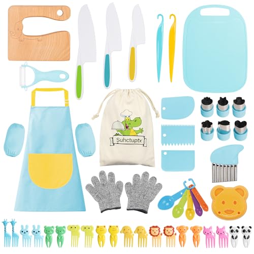 Image of Suhctuptx 50PCS Toddler Knife Set - Kids Knifes for Real Cooking, Wooden Kids Kitchen Knife Set with Gloves Cutting Board Crinkle Cutters Kid Safe Knives, Toddlers Kitchen Tools