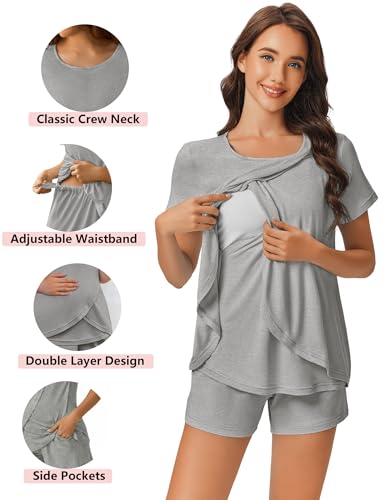 Image of Ekouaer 3 PCS Maternity Nursing Pajamas Set Postpartum Breastfeeding Short Sleeve Shirts, Pregnancy Shorts & Pants Pjs S-XXL