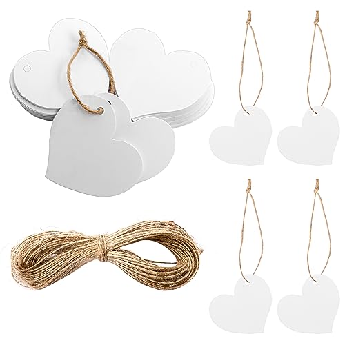 100 Stück Weiße Geschenkanhänger Herz Anhänger Papier 4 x 4,5cm Hochzeit Herz Etiketten mit Schnur Herz Kraftpapier Anhänger für Valentinstag Party Geburtstag Christmas