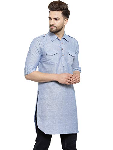 Image of Enchanted Drapes Light Blue Cotton Men's Pathani Kurta(XS to 7XL)
