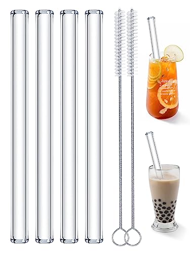 Realure Lot de 4 Paille en Verre Transparente avec Brosses, Verre Paille Bubble Tea Reutilisable de 14mm Large, Grosse Pailles en Vitre de 21.5cm pour Bubble Tea, Smoothie, Cocktail, Jus, Eau claire