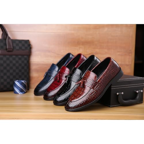 Men's Leather Textured Chunky Heel Loafers Retro Pointed Tassels Non-Slip Slip-On Business Work Wedding Formal Shoes4