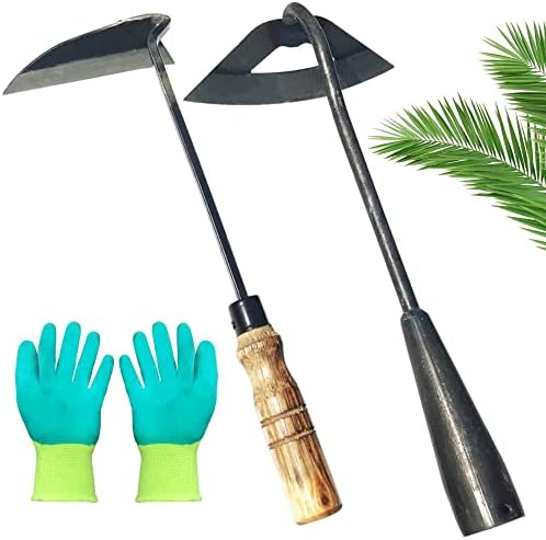 Zimchado Pack of Weeding Tool Hollow Hoe and Japanese Sickle Garden Tool and a Pair of Professional Gardening Gloves - Heavy Duty Very Sharp Gardening Hand Tools for Landscaping - Nejiri Gama Hoe
