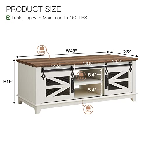 Okd 48'' Coffee Table With Storage & Sliding Barn Doors, Farmhouse & Industrial Cocktail Table W/Adjustable Shelves, Modern Rectangular Rustic Living Room Table For Living Meeting Room, Antique White #TOP5