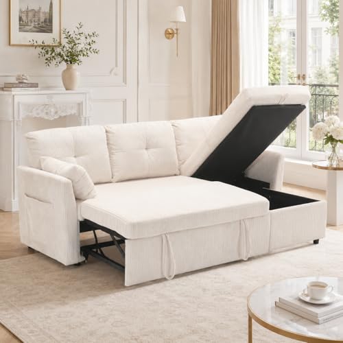 Sapgaks Canapé d'angle Convertible avec sièges de Rangement et Poches accoudoirs,Canapé Convertible avec Forme des Rayures,canapé 3 Places,Velours (Beige)