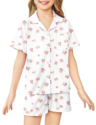 Image of Arshiner Girls Pajamas Sets Short Sleeve Kids Pjs Button Down Sleepwear | Cute Printed Pajamas for Little & Big Girl, Lightweight Comfy Fabric, 2-Piece Outfits, Perfect for Lounge Pajamas Party