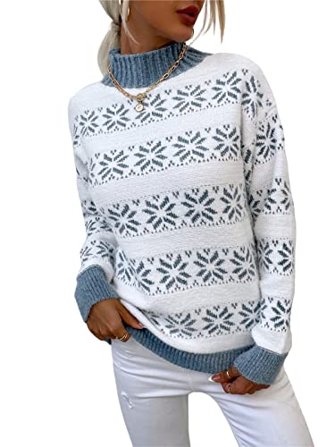 KANDEMY Damen Weihnachtspullover mit kleinem Stehkragen Christmas Pullover Warm Strickpullover mit Streifen Schneeflocken Winter Pullis für Frauen Oberteile Langarm Mode03-Blau L