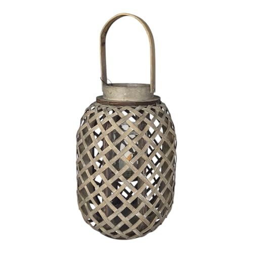 Laterne aus Holz + Rattan, 30cm groß, Windlicht aus Glas Boho...