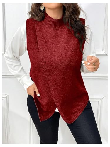 Image of OYOANGLE Women's Plus Size Mock Neck Wrap Hem Sweater Vest Sleeveless Split Asymmetrical Hem Pullover Tops Burgundy X-Large Plus