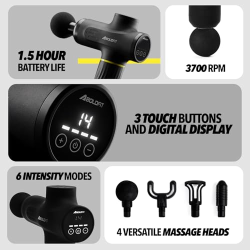 Image of Boldfit BoldGun Turbo Massage Gun for Full Body Pain Relief Heavy Duty Deep Tissue Massager with 4 Pro Heads 6 Speed Levels Digital Display Type-C Charging With 4000mAh Battery for Men & Women, Black