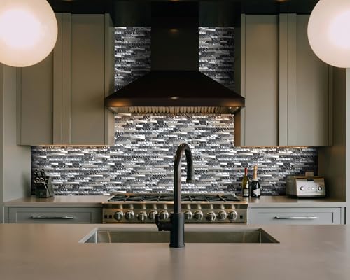 Silver Black Glass Mosaic Tiles 5 Sheets, 12x12 Modern 3D Crystal Linear Tiles, Interlace Metallic Textured Glass Tiles for Kitchen Backsplash Art Accent Wall Bathroom Shower Wall Border