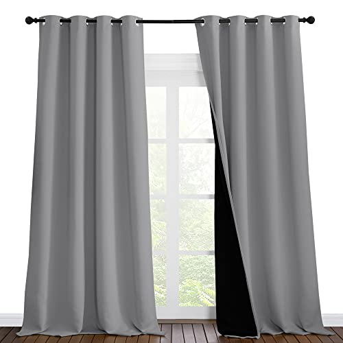 Image of NICETOWN 100% Blackout Blinds, Laundry Room Decor Window Treatment Curtains for Large Patio Sliding Door, Thermal Insulated Silver Grey Curtains for Bedroom, Set of 2, 55 inches x 102 inches
