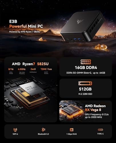 Image of KAMRUI E3B Mini PC, Desktop Computer with 16GB DDR4 RAM 512GB SSD, WiFi 6, Bluetooth 5.2, 4K Triple Display, Full-Function USB-C, 4X USB-A, Ethernet, High-Performance Office PC