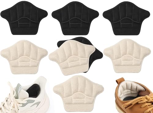 8Pieces Heel Cushion Inserts, Anti-Slip Lether Heel Grips Liners Shoe Pads Reusable Adhesive Comfort Thick Back Insoles for Boots - Sport Shoes Heel Blister Protectors for Women & Men Loose Shoes Too Big (Black&Beige)