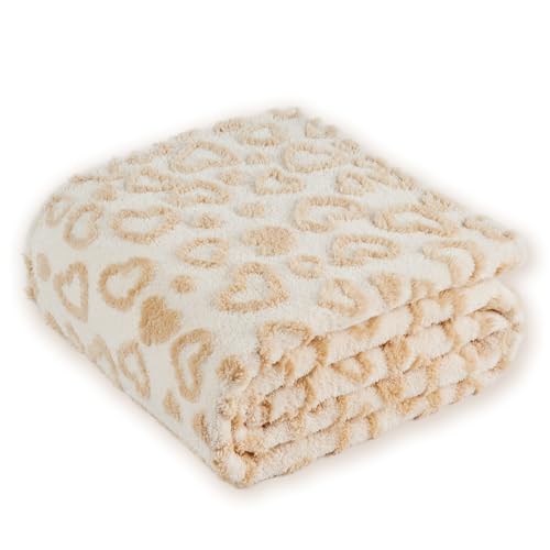 Beige Heart Blanket Throw for Bed – Fleece Blanket for Women, Full Size Blankets 108×90 Inches