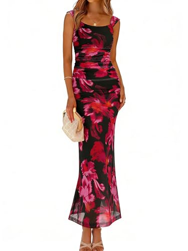 Simplee Womens Summer Wedding Guest Dress Floral Bodycon Square Neck Holiday Party Ruched Sexy Formal Maxi Long Dresses(Floral Black Rose Red Large)