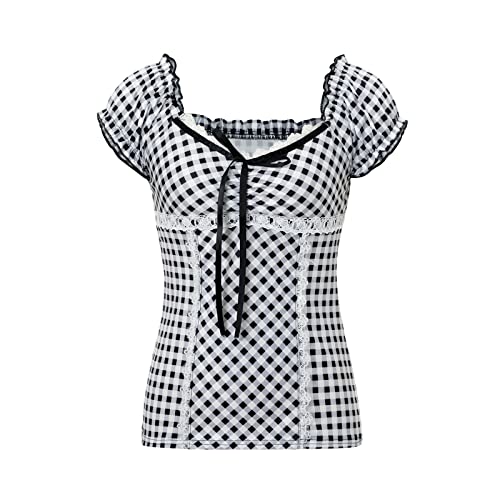 Women Y2K Summer Tops Short Sleeve Lace Up V Neck Shirt Fairy Grunge Vinatge E-Girls Aesthetic Tops4