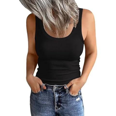 Women's Scoop Neck Ribbed Tank Tops Basic Sleeveless Slim Fit Tops 2024 Black Medium Cover