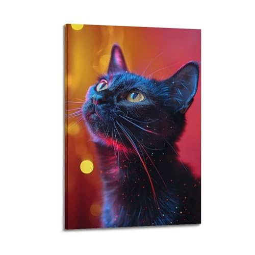 Poster mural chat noir néon WIZIGM en toile 20x30 cm style cadre moderne