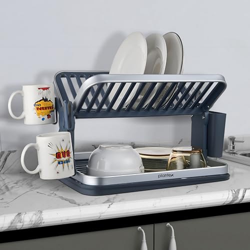 Image of Plantex Kitchen Storage Rack /Aluminium Fold Flat Dish Drying Rack /2-Tier with Drainboard /Kitchen Organiser Rack - (Silver & Grey)