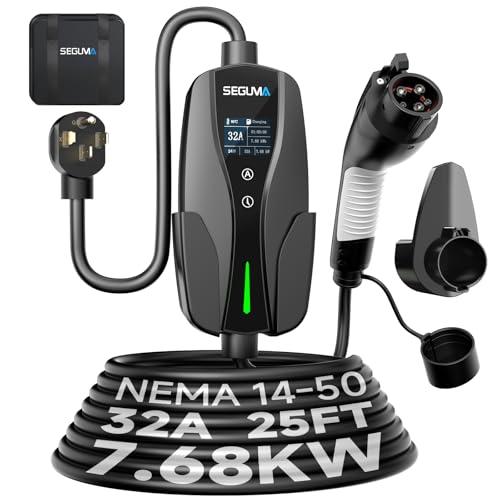SEGUMA Level 2 EV Charger, 32Amp NEMA 14-50 Plug EVSE Charger, 25ft Cable ETL Certified, Adjustable Current & Delay Timer, Portable 208V-240V Mobile Electric Vehicle Charging Station for Home Level 2