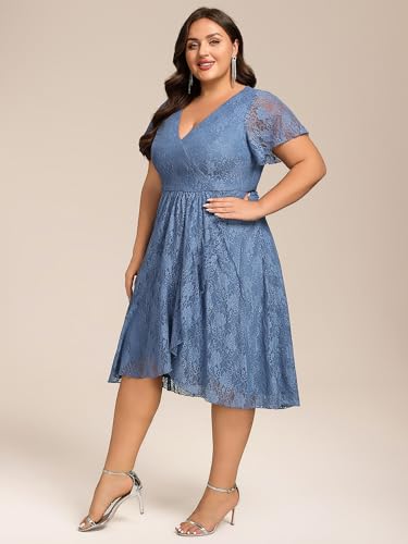 Image of Ever-Pretty Plus Women's Summer V Neck Short Ruffles Sleeves Lace Midi Plus Size Cocktail Party Formal Dresses Dusty Blue US20