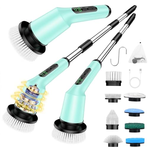 Image of Shower Scrubber with Long Handle, Bathroom Cleaner Brush with 8 Floor Machine Pads, Cordless Electric Spin Scrubber for Cleaning with 2 Speed, Cleaning Supplies for Bathtub Kitchen Floor Mint
