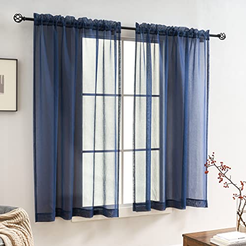 Image of MYSTIC-HOME Sheer Curtains 63 Inch Length 2 Panels Navy Blue, Rod Pocket Voile Drapes for Living Room, Bedroom, Window Treatments Semi Crinkle Curtain Panels for Yard, Patio, Villa, Parlor, 52 inchx 63 inch.