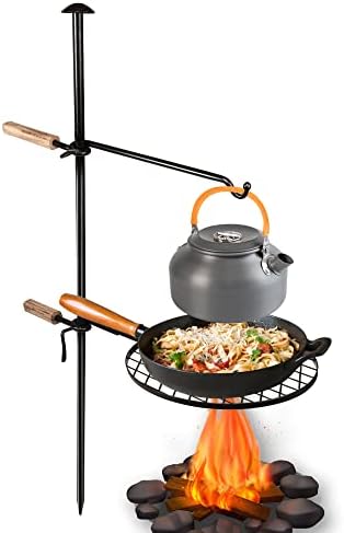 Campfire Grill Grate Fire Pit Grill Grate Open Fire Cooking Equipment Swivel Campfire Grill with Heat Resistant Adjustable Griddle Plate to Cook Food Over Open Camp Fire for Outdoor Camping BBQ Black