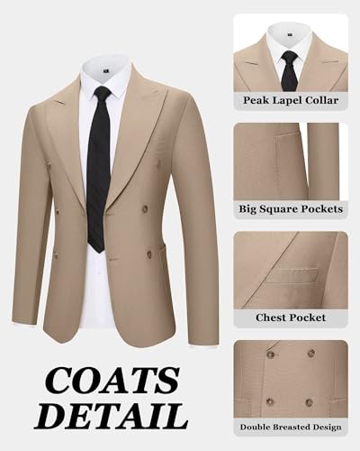 Men's Suit Double Breasted Slim Fit 3 Piece Suit Set Wedding Prom Suits Blazer Dinner Groom Tux Square Pocket Jacket Vest Pants for Men Khaki L4
