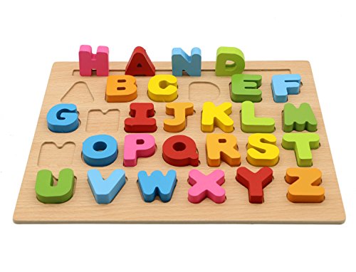 Motrent 26 Letters Wooden Uppercase Alphabet Puzzle Learning Jigsaw Board Toy for Kids Toddlers 1 2 3 Year Olds Boy and Girl Gifts