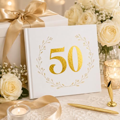 Image of Calculs 50th Birthday or Anniversary Guest Book, Gold Photo Album | 8.5-inch square hardcover keepsake book, 32 blank sheets for messages and instant photos, pen included