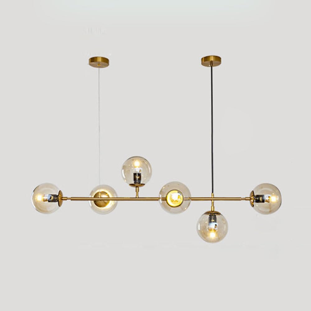 Entheronic Gold + Amber 6 Light E27 Modern Chandelier Industrial Indoor Ceiling Hanging Pendant Lamp With Globe Glass Lampshade Adjustable Pendant Lighting Fixture For Kitchen Island Bedroom Dining