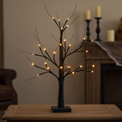 Black Mini Halloween Twig Tree 60cm Pre-Lit Decoration with 24 Orange LED Lights Battery Operated Tabletop Ornament for Indoor Display Party Centrepiece or Trick-or-Treat Window Decor
